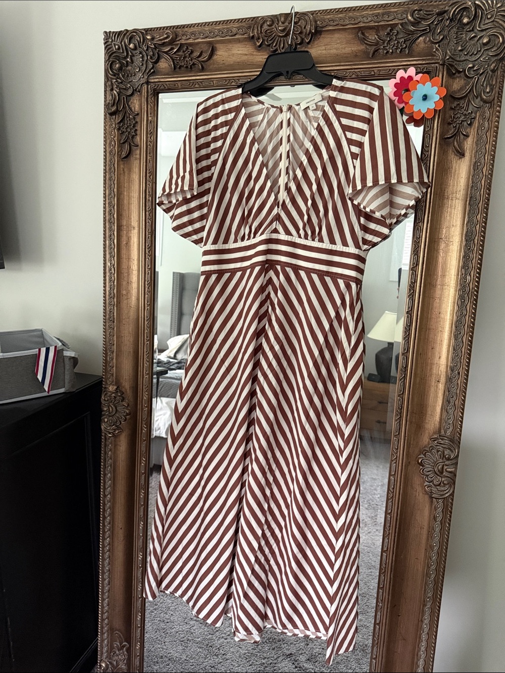 Oroton Midi Dress V-Neck Flutter Sleeve Brown & White Striped (US 10/AU 14) - Picture 3 of 9